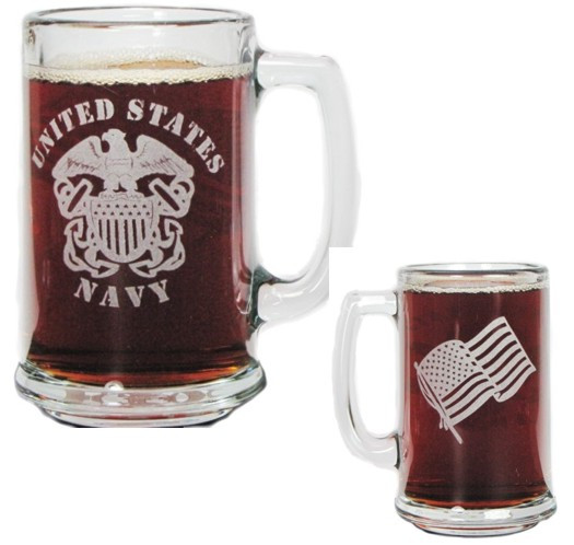 U.S. Navy 15oz. Beer Mug with Handle - Engraved with Navy Logo, American Flag and Navy Anchor
