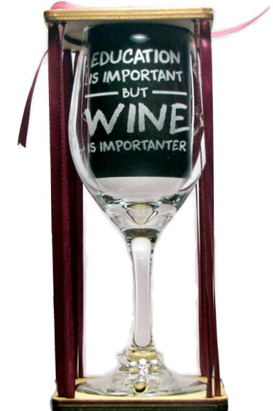 Education is Important - Wine is Importanter Stemmed Wine Glass with Charm and Presentation Packaging