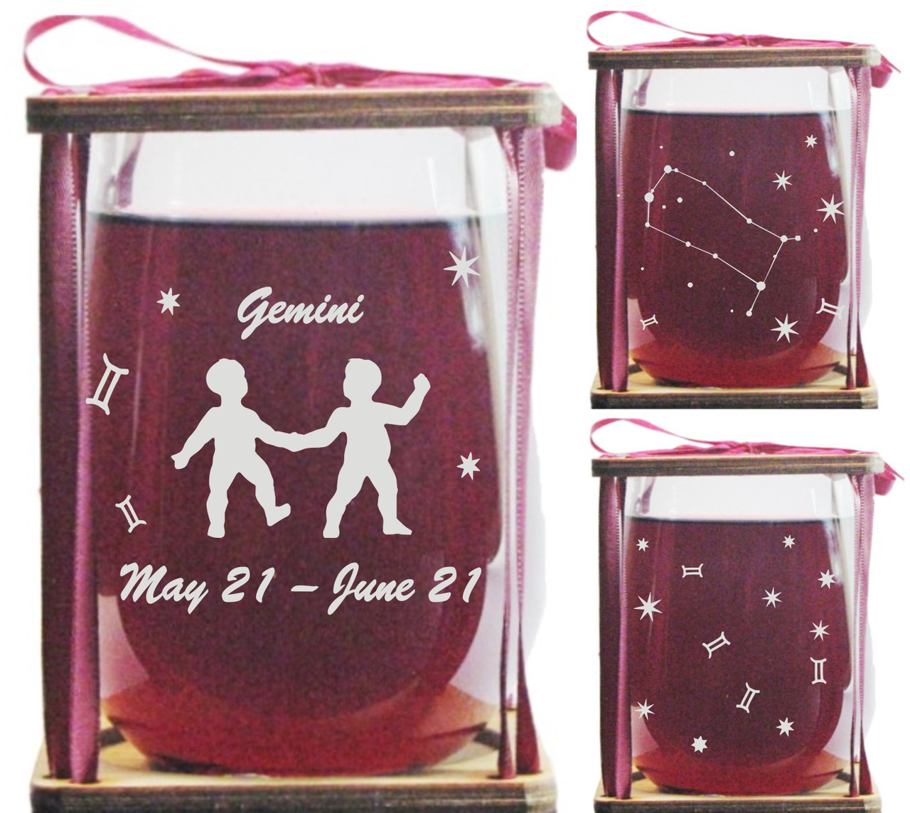Gemini Astrological Sign Stemless Wine Glass and Presentation Packaging