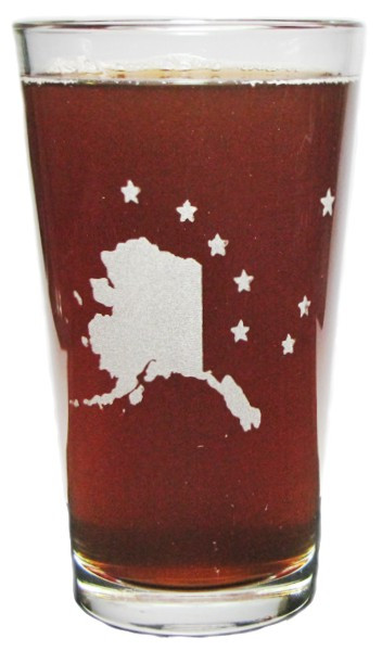 Alaska Mountains and State Flag 16oz. Heavy Duty Laser Engraved Pint Glass / Beer Glass