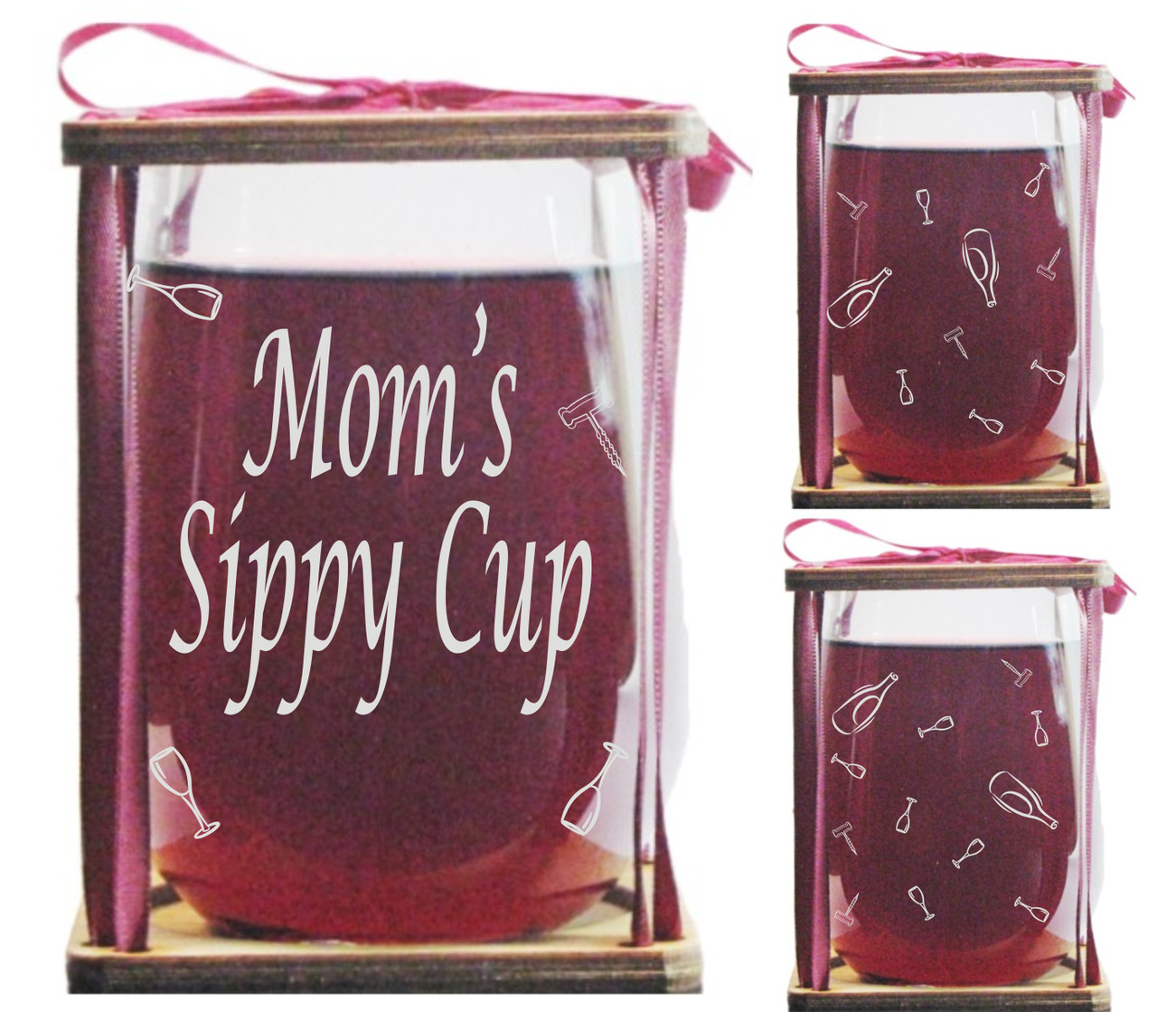 Mom's Sippy Cup Stemless Wine Glass and Presentation Packaging