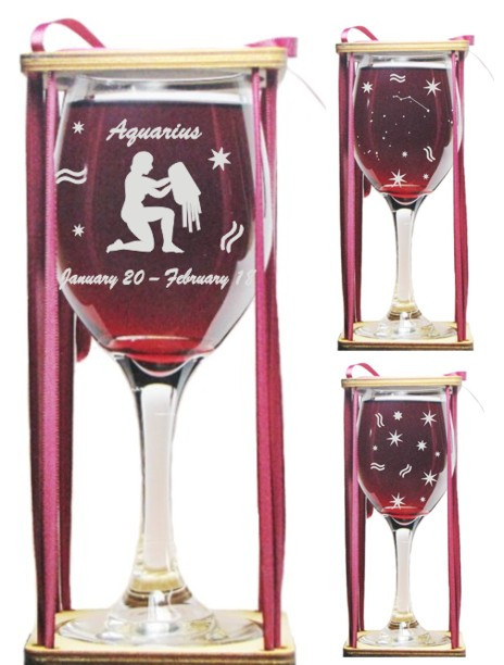 Aquarius Astrological Sign Stemmed Wine Glass with Charm and Presentation Packaging