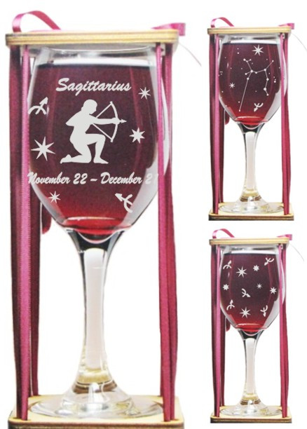 Sagittarius Astrological Sign Stemmed Wine Glass with Charm and Presentation Packaging