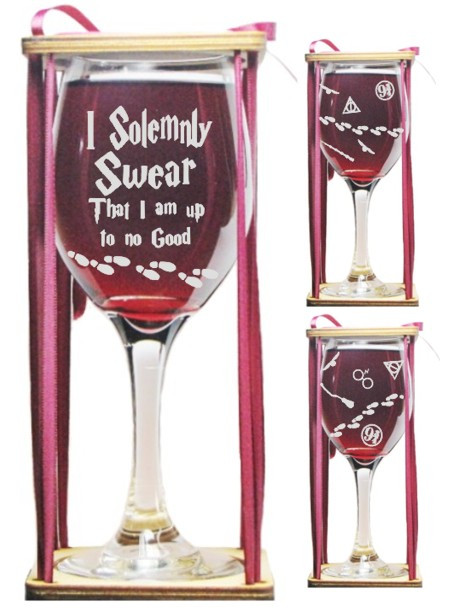 I Solemnly Swear That I Am Up To No Good Stemmed Wine Glass with Charm and Presentation Packaging