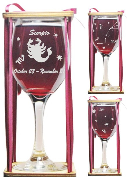 Scorpio Astrological Sign Stemmed Wine Glass with Charm and Presentation Packaging