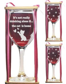 It's Not Drinking Alone If The Cat Is Home Stemmed Wine Glass with Charm and Presentation Packaging