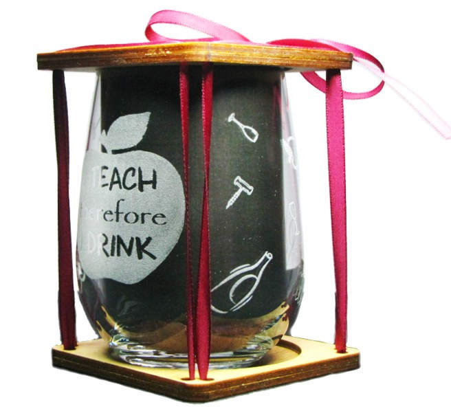 I TEACH THEREFORE I DRINK Engraved Stemless Wine Glass with 360 Degrees Engraving