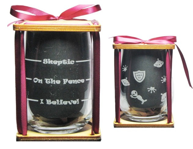 Alien Drink 'Till You Believe - Stemless Wine Glass - Permanently Etched 360 Degrees around Glass - Fun & Unique Gift!