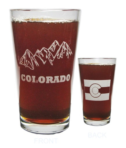 Colorado Mountains and Flag 16oz. Heavy Duty Laser Engraved Pint Glass / Beer Glass