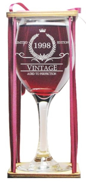 Vintage 1998 Stemmed Wine Glass with Charm and Presentation Packaging
