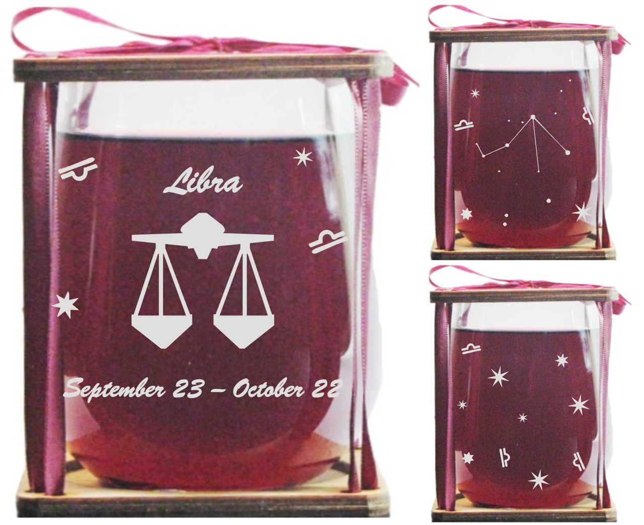 Libra Astrological Sign Stemless Wine Glass and Presentation Packaging
