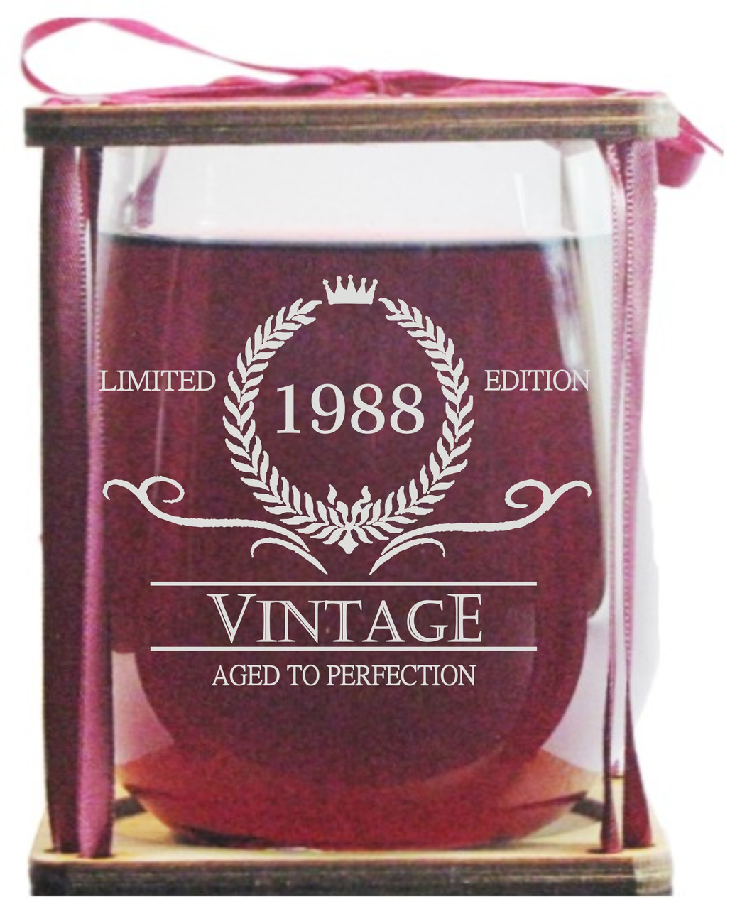 Vintage 1988 Limited Edition - Aged To Perfection Stemless Wine Glass and Presentation Packaging