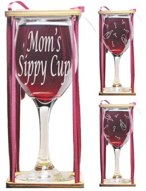 Mom's Sippy Cup Stemmed Wine Glass with Charm and Presentation Packaging