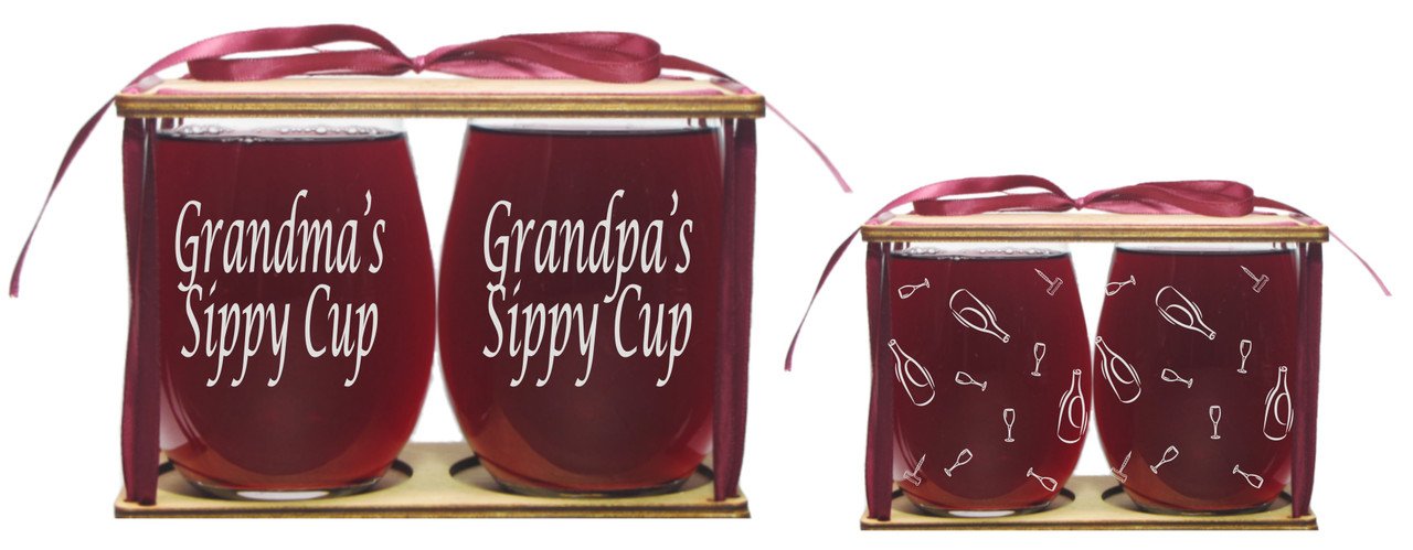Grandma's and Grandpa's Sippy Cups Stemless Wine Glasses in Gift Packaging