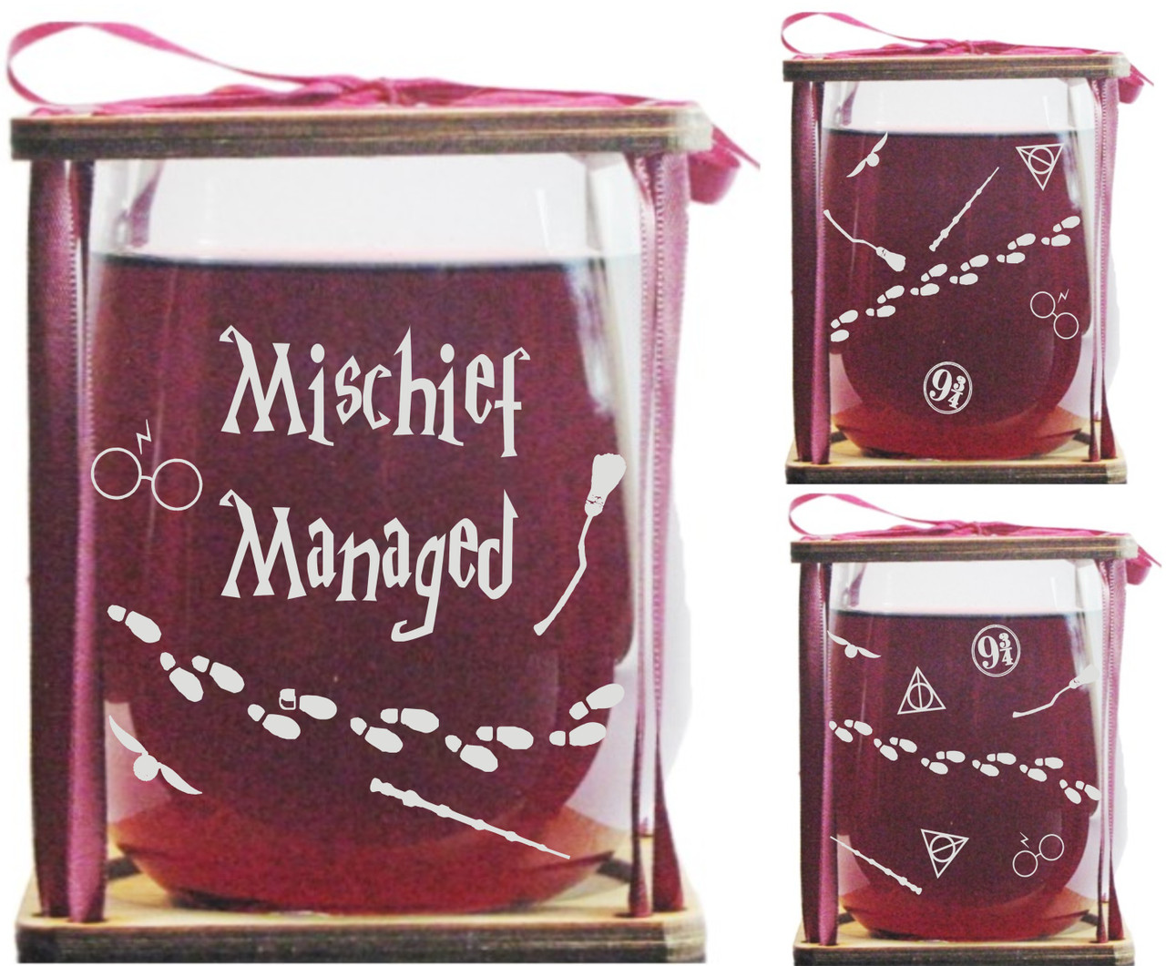 Mischief Managed Stemless Wine Glass and Presentation Packaging