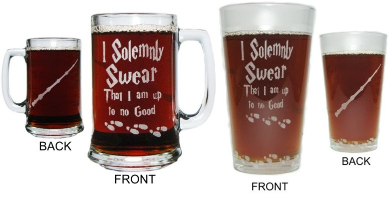 I Solemnly Swear That I Am Up To No Good Engraved on Both Sides AND Bottoms 15oz. Beer Mug with Handle and 16oz. Pint Gift Set