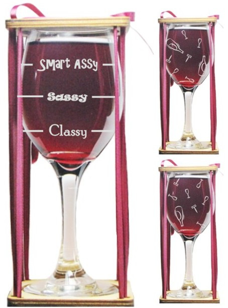 Classy, Sassy, Smart Assy Stemmed Wine Glass with Charm and Presentation Packaging