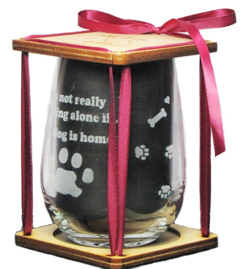 It's Not Drinking Alone If The Dog Is Home 360 Degree Engraved Stemless Wine Glass