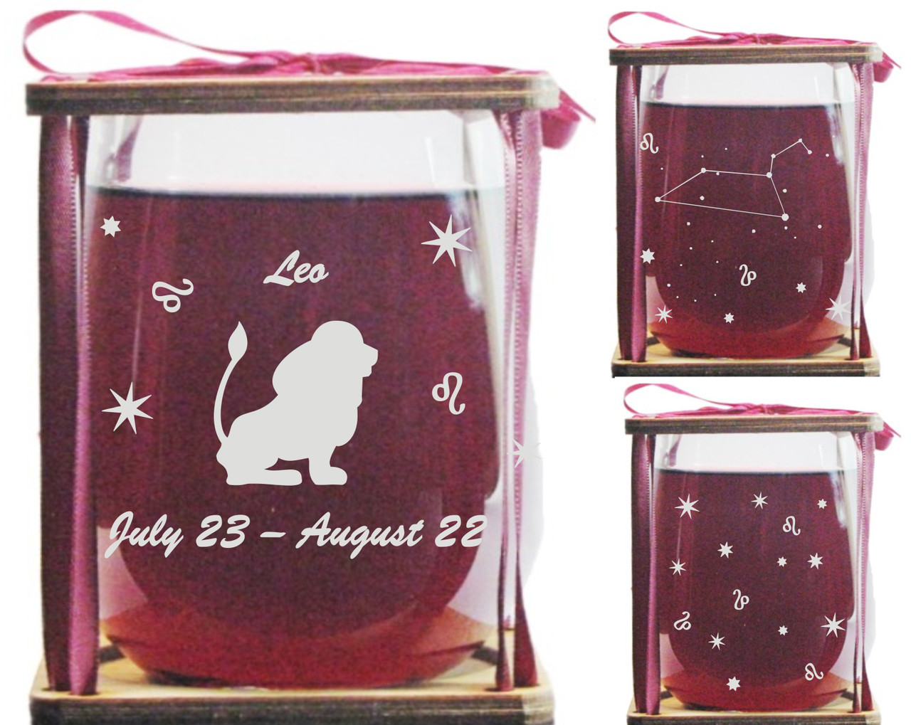 Leo Astrological Sign 360 Degree Engraved Stemless Wine Glass