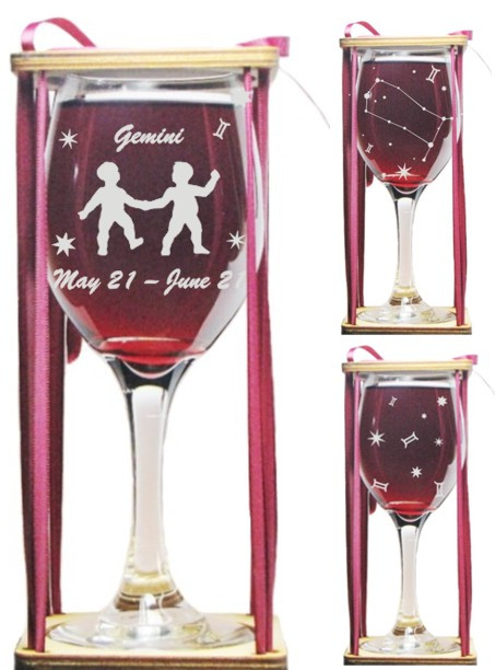 Gemini Astrological Sign Stemmed Wine Glass with Charm and Presentation Packaging