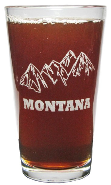 Montana Mountains 16 Ounce Heavy Duty Permanently Laser Engraved Pint Glass / Beer Glass