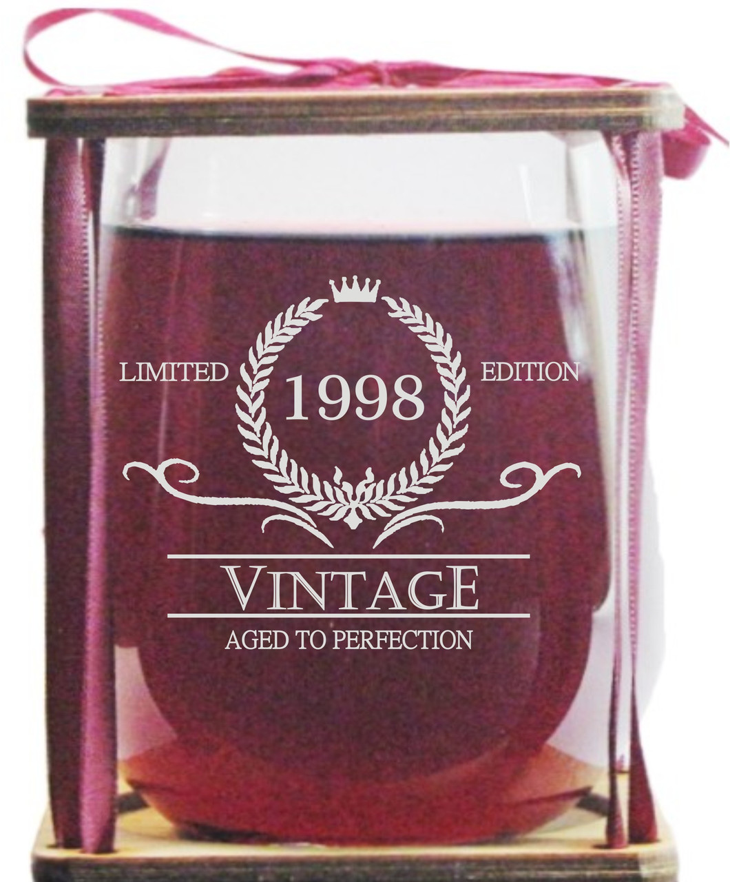 Vintage 1998 Limited Edition - Aged To Perfection Stemless Wine Glass and Presentation Packaging