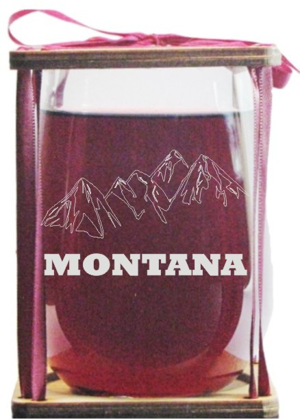 Montana Mountains Engraved Stemless Wine Glass with Presentation Packaging