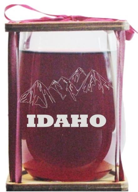 Idaho Mountains Stemless Wine Glass with Presentation Packaging