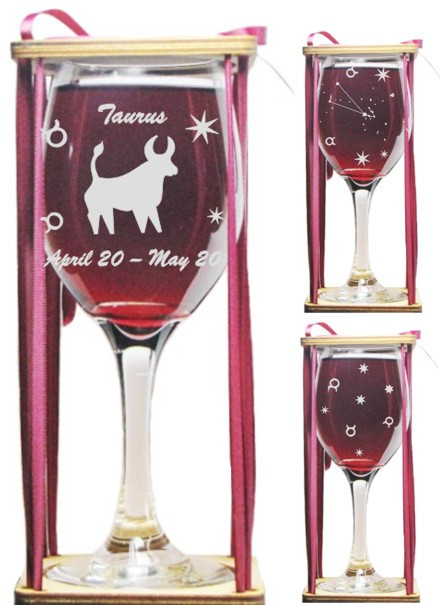 Taurus Astrological Sign Stemmed Wine Glass with Charm and Presentation Packaging