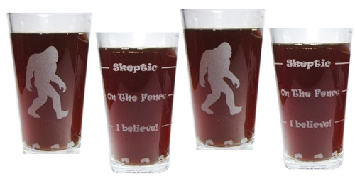 Bigfoot Sasquatch "Drink 'Till You Believe" Set of Four 16oz. Engraved Pint Glasses / Beer Glasses