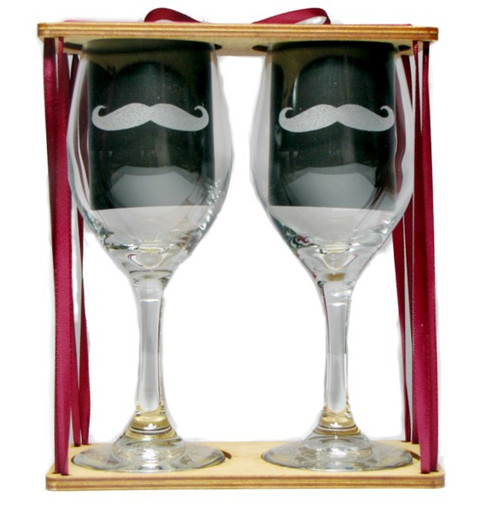 His and His Mustache Stemmed Wine Glasses with Charms and Presentation Packaging
