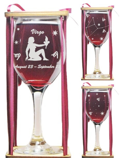 Virgo Astrological Sign Stemmed Wine Glass with Charm and Presentation Packaging