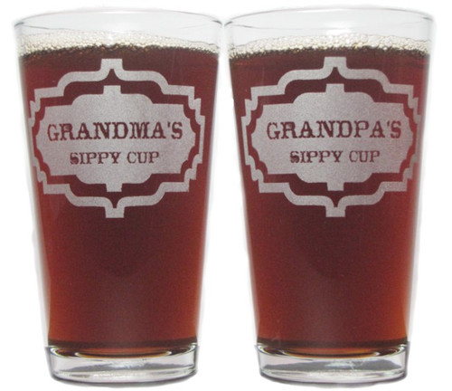 Grandma's and Grandpa's Sippy Cup 16oz. Laser Engraved Pint Glasses / Beer Glasses Gift Set