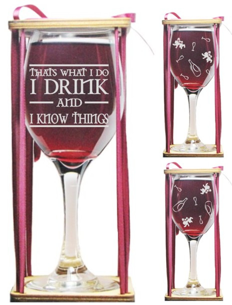 I Drink and I Know Things Stemmed Wine Glass with Charm and Presentation Packaging