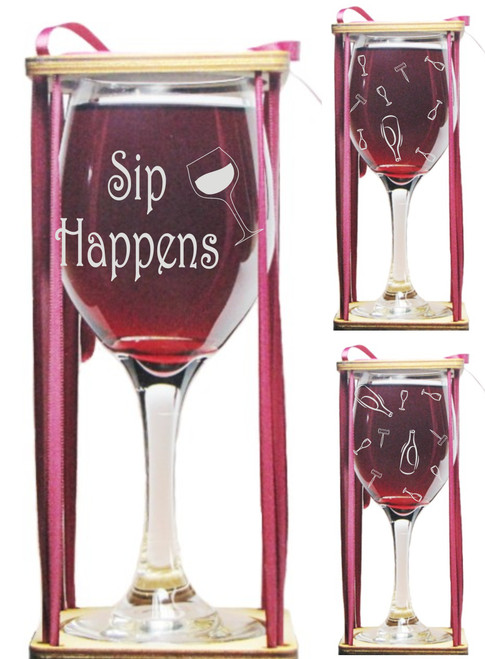 Sip Happens Stemmed Wine Glass with Charm and Presentation Packaging