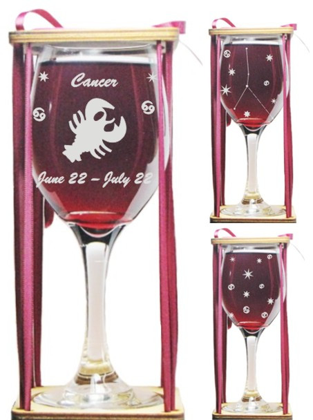 Cancer Astrological Sign Stemmed Wine Glass with Charm and Presentation Packaging