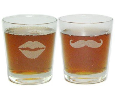 His and Her's Lips and Mustache Engraved Hi-Ball Rocks Glasses