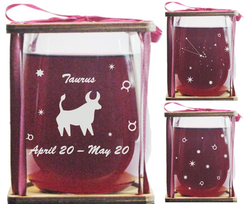 Taurus Astrological Sign Stemless Wine Glass and Presentation Packaging