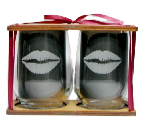 Her's and Her's Lips Engraved Stemless Wine Glasses