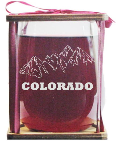 Colorado Mountains Stemless Wine Glass and Presentation Packaging