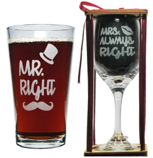 Mr. Right and Mrs. Always Right Engraved Glasses - Mr. Right Pint and Mrs. Always Right Stemmed Wine Glass with Charm