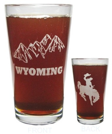 Wyoming Mountains and Bronco 16oz. Heavy Duty Laser Engraved Pint Glass / Beer Glass