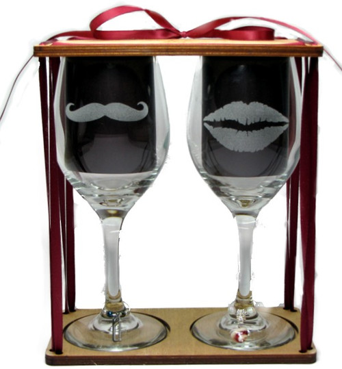 Her's and Her's Lips Stemmed Wine Glasses with Charms and Presentation Packaging