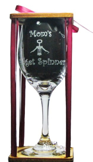 Mom's Fidget Spinner Stemmed Wine Glass with Charm and Presentation Packaging