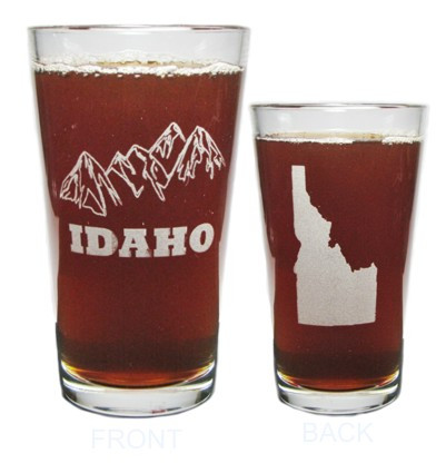 Idaho Mountains and Idaho State Silhouette 16oz. Laser Engraved Pint Glass / Beer Glass