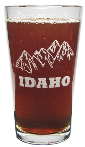 Idaho Mountains and Idaho State Silhouette 16oz. Laser Engraved Pint Glass / Beer Glass