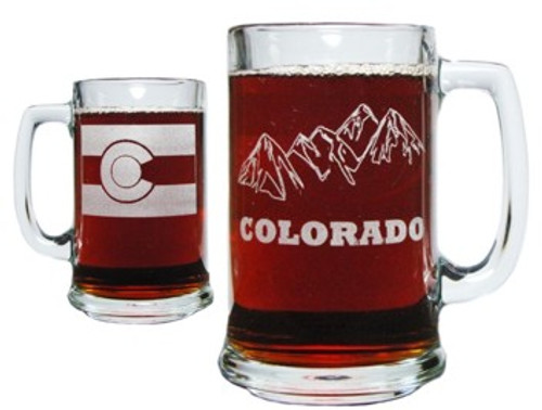 Colorado Mountains and Colorado Flag 15oz. Beer Mug with Handle - Engraved on Both Sides