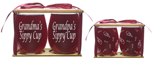Grandma's and Grandpa's Sippy Cups Stemless Wine Glasses in Gift Packaging