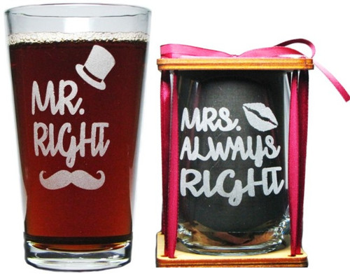 Mr. Right Engraved Pint with Mrs. Always Right Engraved Stemless Wine Glass