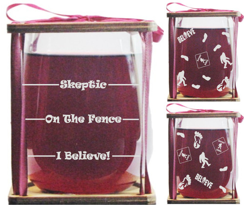 Bigfoot Sasquatch Drink 'Till You Believe Stemless Wine Glass and Presentation Packaging